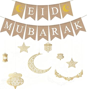 Wooden EID Decorations for Home Burlap EID Mubarak Banner, Wooden Hanging Ornaments for Restaurant Garden Al Adha Decorations
