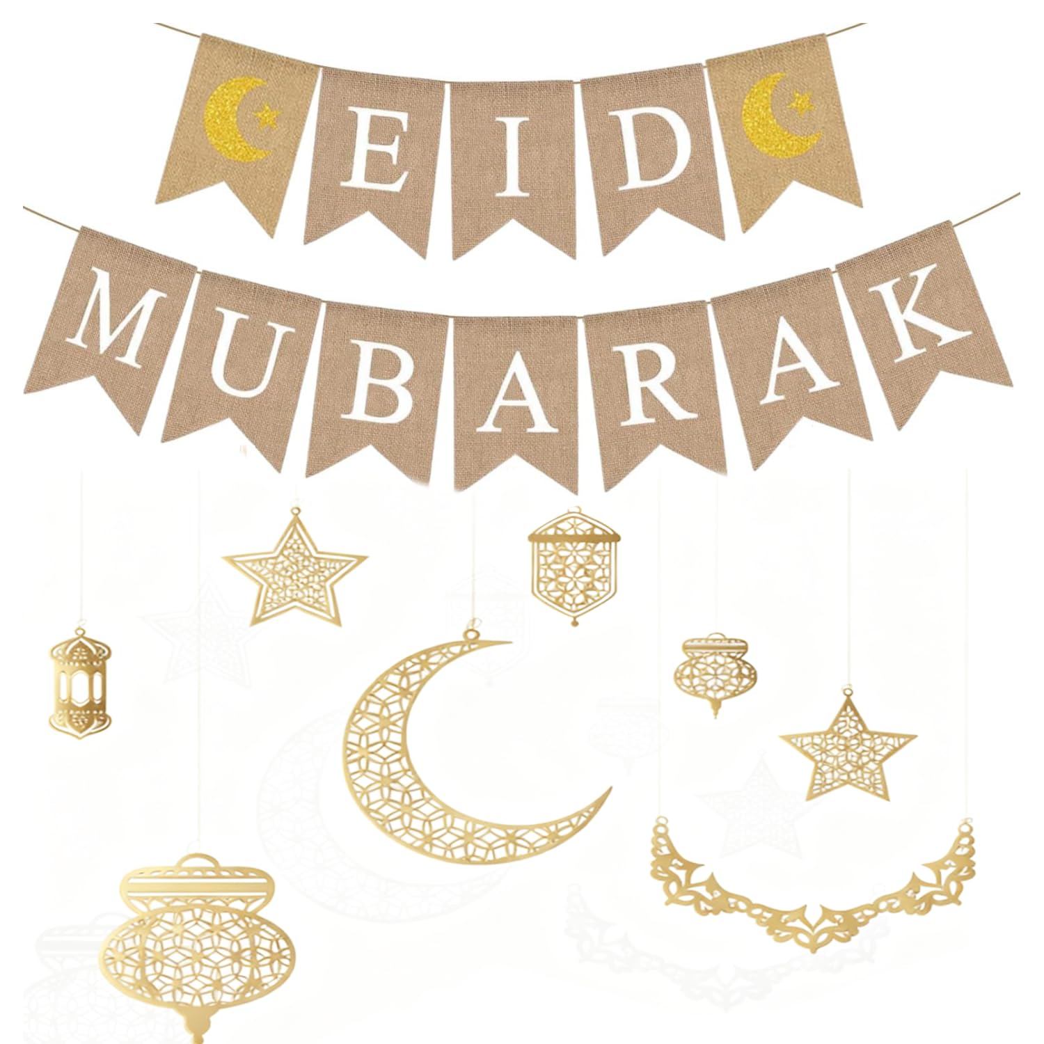 Posoto Brown Wooden Eid Decorations For Home Burlap Eid Mubarak Banner, Wooden Hanging Ornaments For Restaurant Garden Al Adha Decorations
