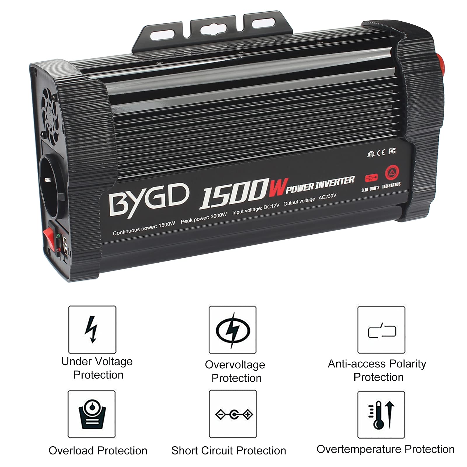 BYGD Inversor de Coche 1500W(Pico 3000W) 12V DC a 220V 230V AC convertidor con Adaptador de Cargador de Coche rápido USB Dual 3.1A para camión, de Camping, de Emergencia