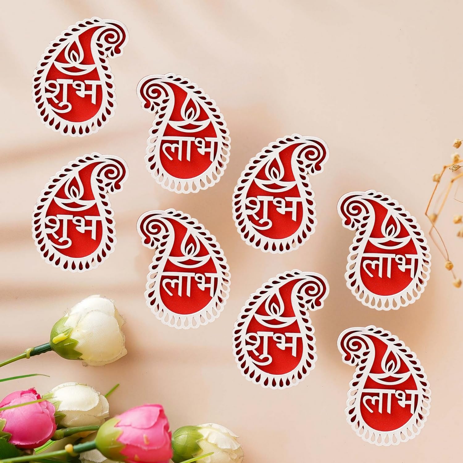 eCraftIndia White & Red Buta or Paisley Shaped Wooden Shubh Labh with Diya Decorative Showpieces for Diwali Navratri Ganesh Chaturthi Festival Decor - Diwali Decoration Items for Home Decor (Set of 4)