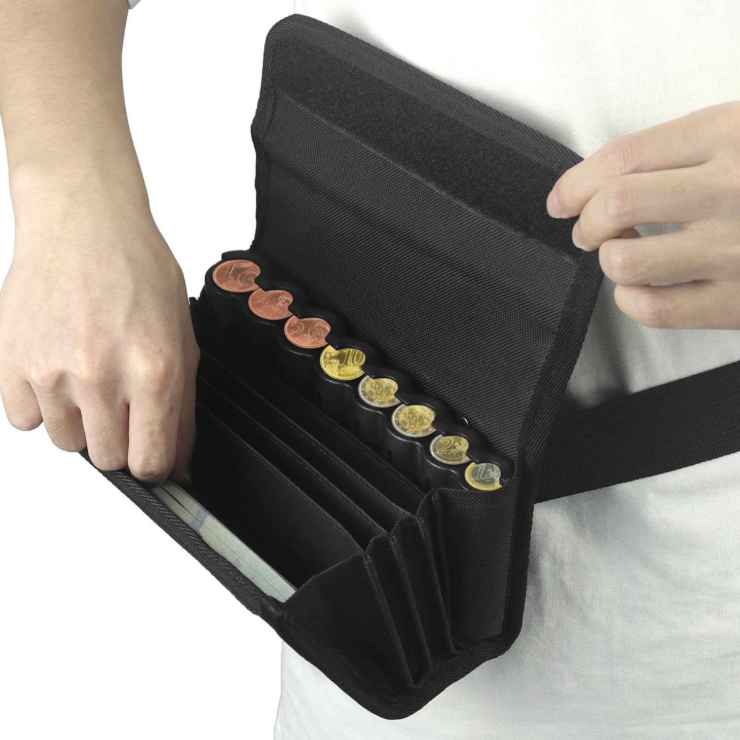 QWORK® Cartera de Camarero, 20 x 11.5 x 6.5CM Negro Cartera de Camarero con Cambiador de Euros y Cinturón