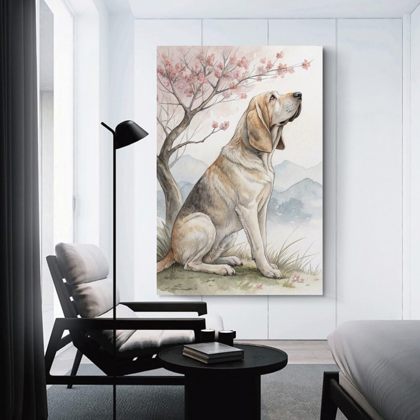 Junmoney Canvas Wall Decor Bloodhound Under A Cherry Blossom Tree, 24x36inch(60x90cm), for Restful Interiors, Bedrooms Or Small Rooms, Canvas Wall Decor for Personal Spaces