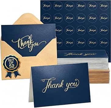 Thank You Cards with Envelopes & Sticker, Glossy 3.5"x5", 52 Pack Navy Blue