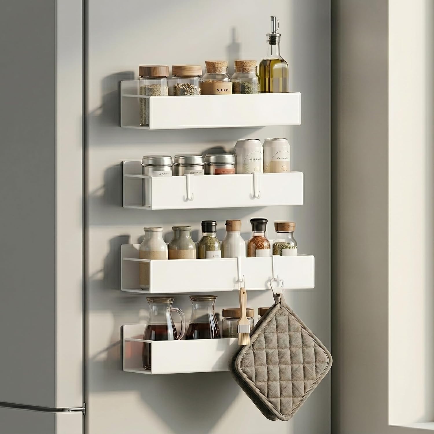 Magnetic Spice Rack, White, 4 Pack | Multipurpose Magnetic Shelf, Versatile Storage for Spices, Herbs, Seasonings, Suitable for Kitchen Refrigerator, Cabinet