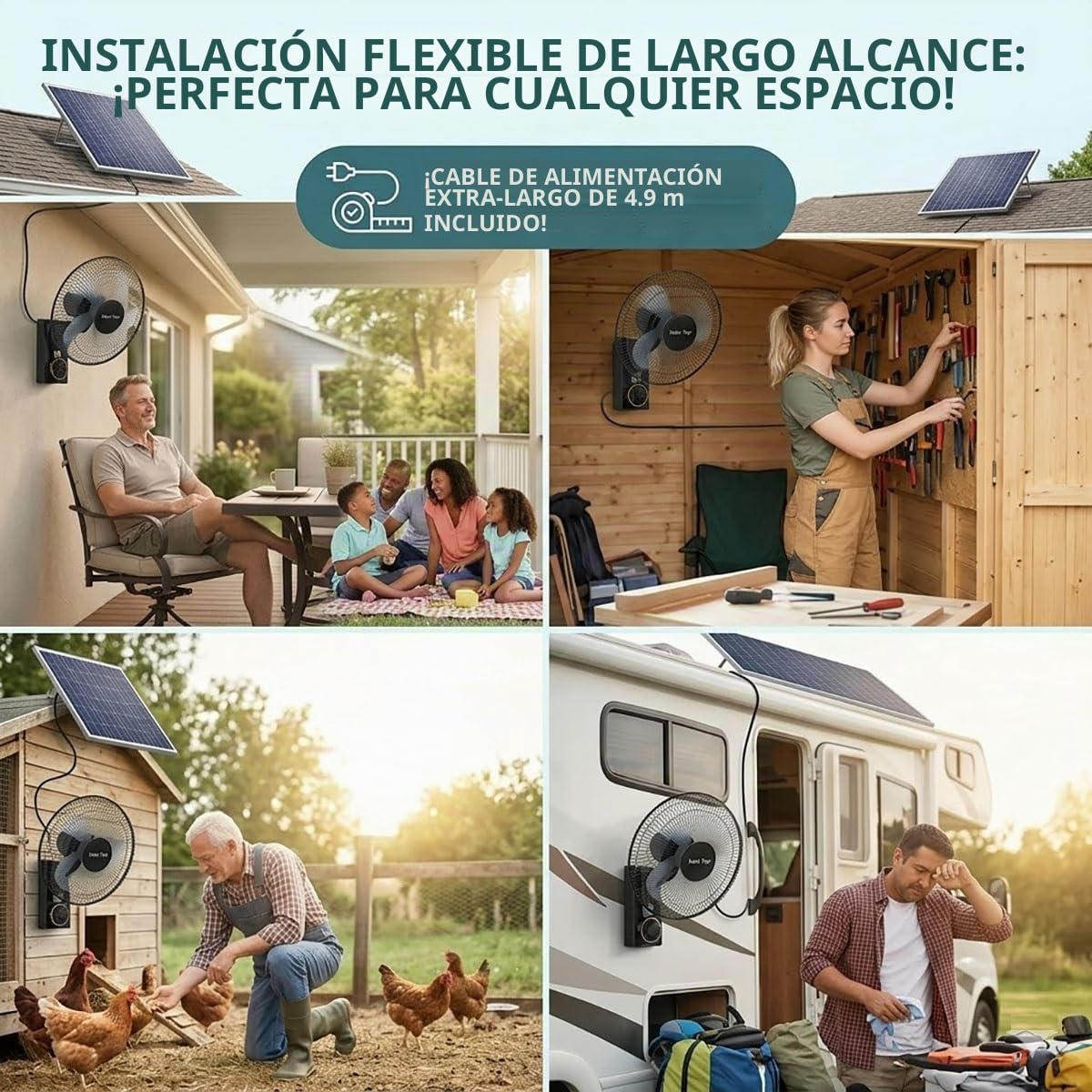 Ventilador Solar Potente 40cm, Montaje en Pared con Mando, Sin Electricidad Ventilador con Placa Solar y Bateria para Jardín, Gallinero, Cobertizo e Invernadero, Oscilante 90°