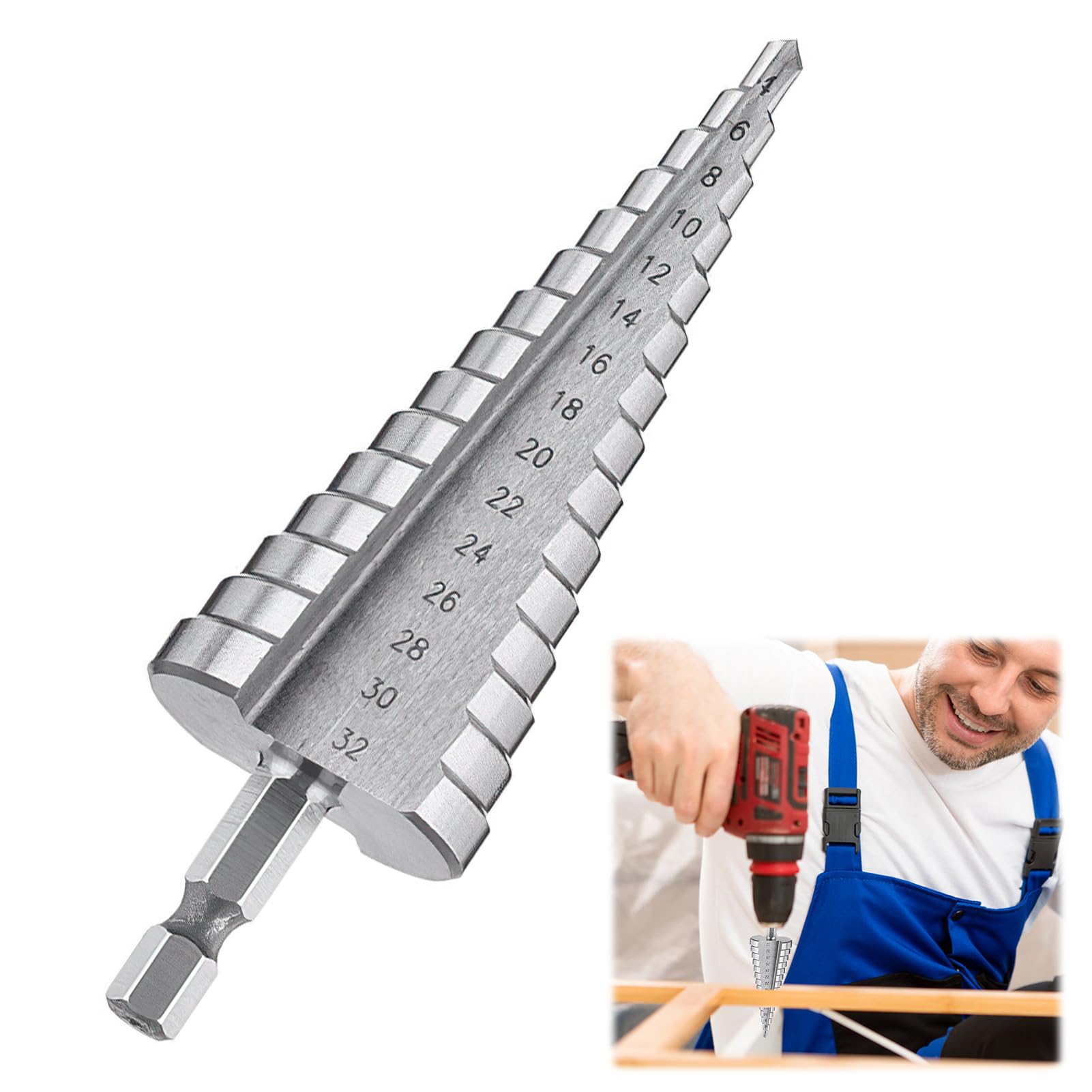 1 pcs Broca Escalonada 4-32mm, 15 Pasos, Broca Cónica HSS Titanio con Vástago Triangular, Acero de Alta Velocidad para Taladrar en Acero, Madera, Latón, Aluminio, PVC (Plateado)