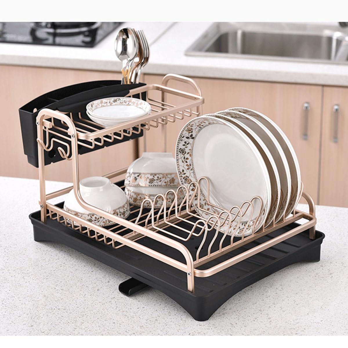 Mobestech Doppellagiges Aluminiumlegierung Küchen Abtropfgestell als Geschirrkorb und Besteckhalter für Küche Leicht zu Reinigen und Modernes Elegantes Design