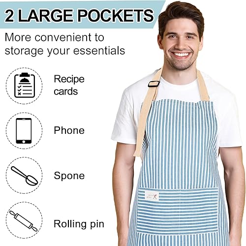Miniatura 6 de Janmercy 24 delantales para mujeres y hombres con 2 bolsillos, delantal de cocina de lino, delantal ajustable para chef, delantales a granel unisex