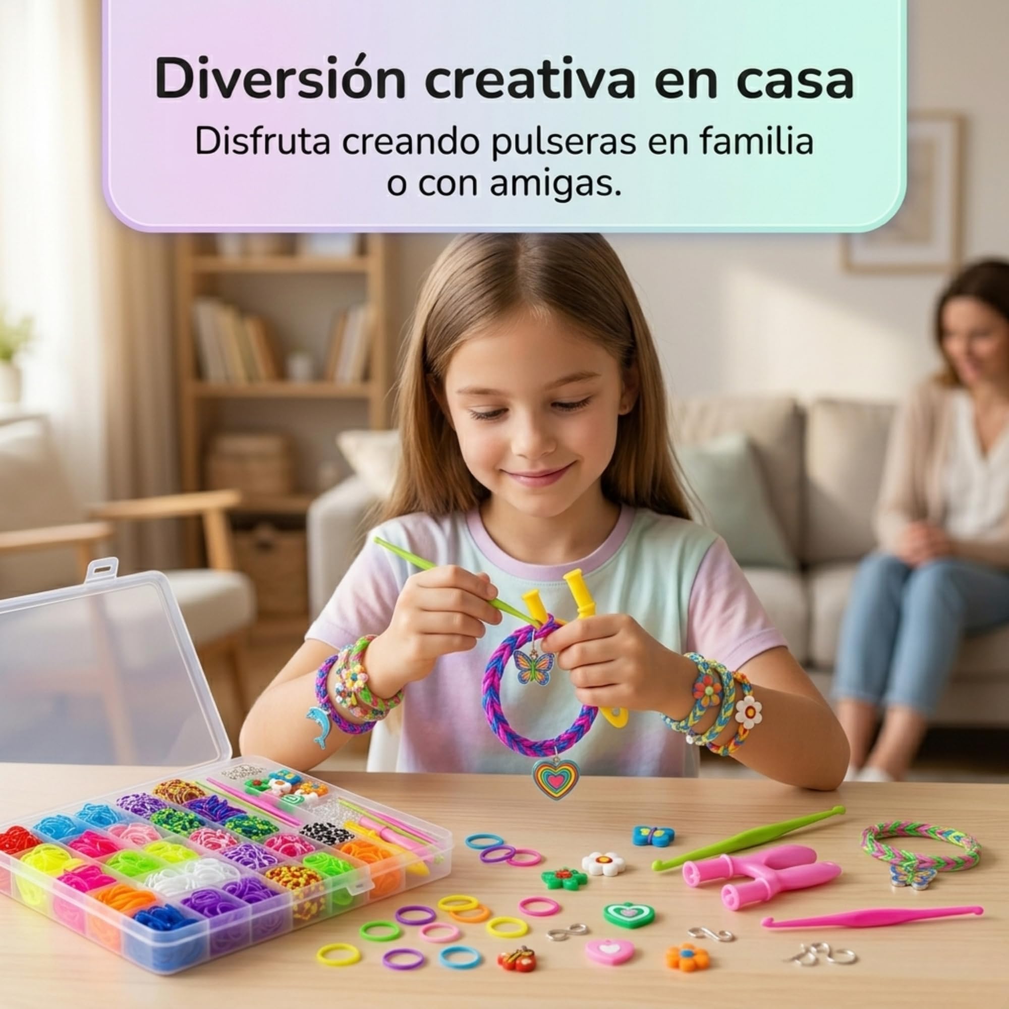 Kit gomas para hacer pulseras de 2000 piezas | Kit pulseras de 24 colores ideal para niña con abalorios y herramientas | Set creativo con cuentas para hacer pulseras, manualidades y regalo original — view 8