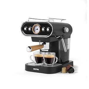 Petra PT5108VDEEU7 Cafetera espresso electrica de estilo retro, compatible con cápsulas de 30/54 mm y café molido, vaporizador de leche ajustable, bomba de presión italiana de 19 bar, sin BPA, 1050 W
