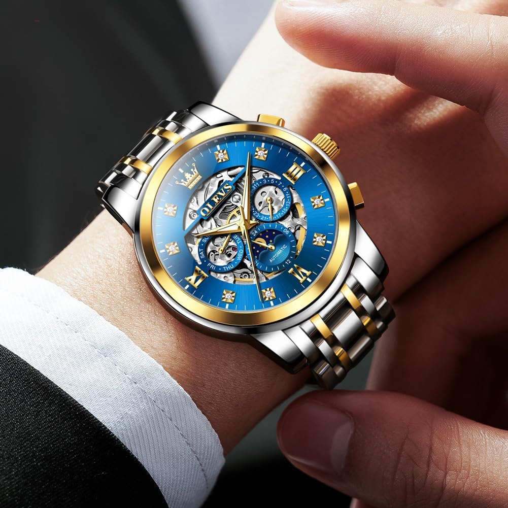 OUPINKE Men's Automatic Luxury Skeleton Watch with Diamonds Mechanical Self-Winding Stainless Steel Waterproof Moon Phase & Luminous