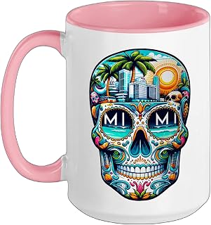 Sugar Skull Miami Day of the Dead USA Mexico Lovers Ceramic Mug, Pink/White, 15oz