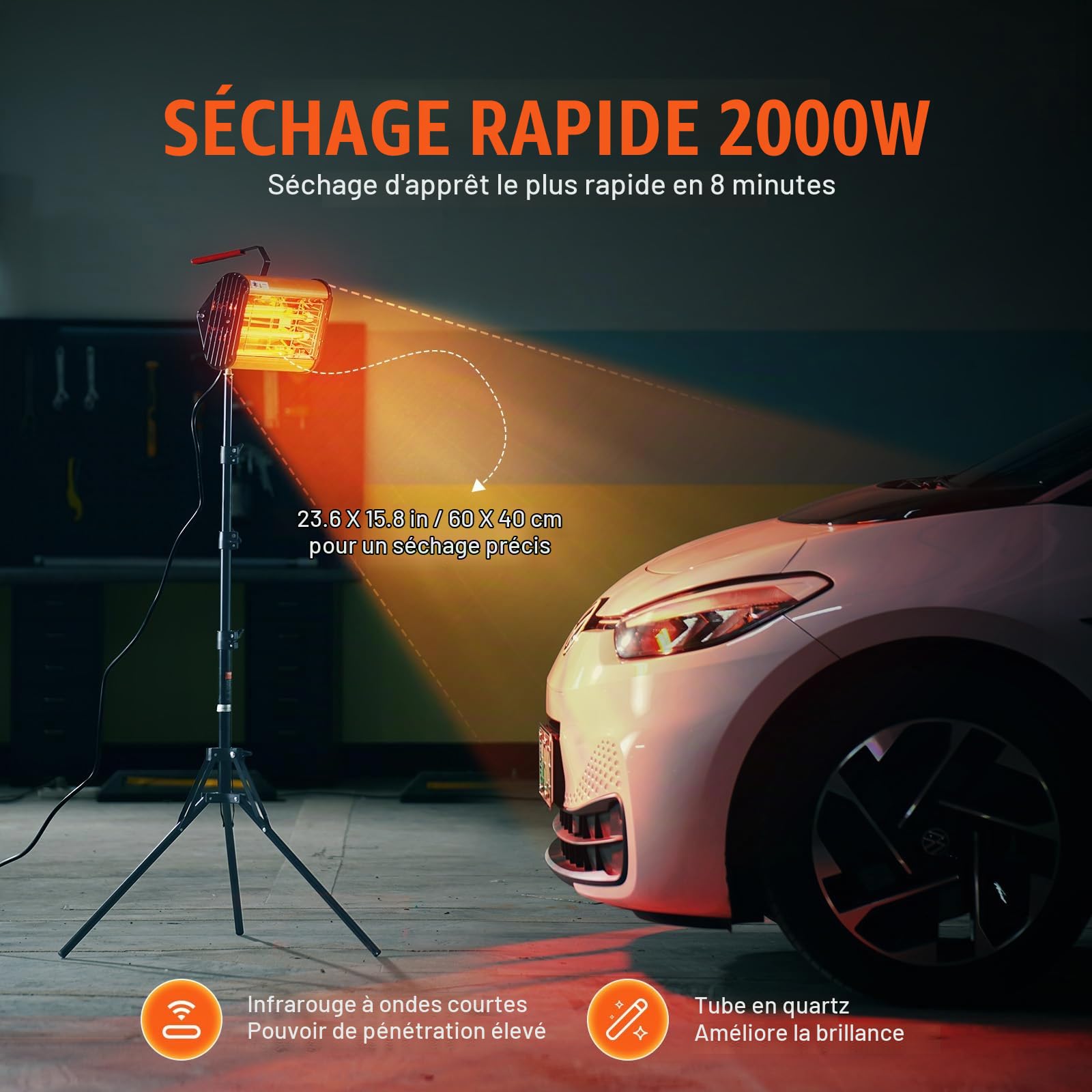 VEVOR Lampe polymérisation infrarouge double usage séchoir peinture portable sur pied, 2000 W, minuterie 0-90 min, chauffage auto pulvérisation 0,33 ㎡, lampe à polymériser avec support pour réparation