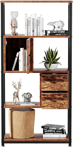 Miniatura 7 de VECELO Estantería de 5 niveles, estantería con cajones y gabinete, 62 x 31 x 12 pulgadas, estantes de madera con marco de metal, estante de