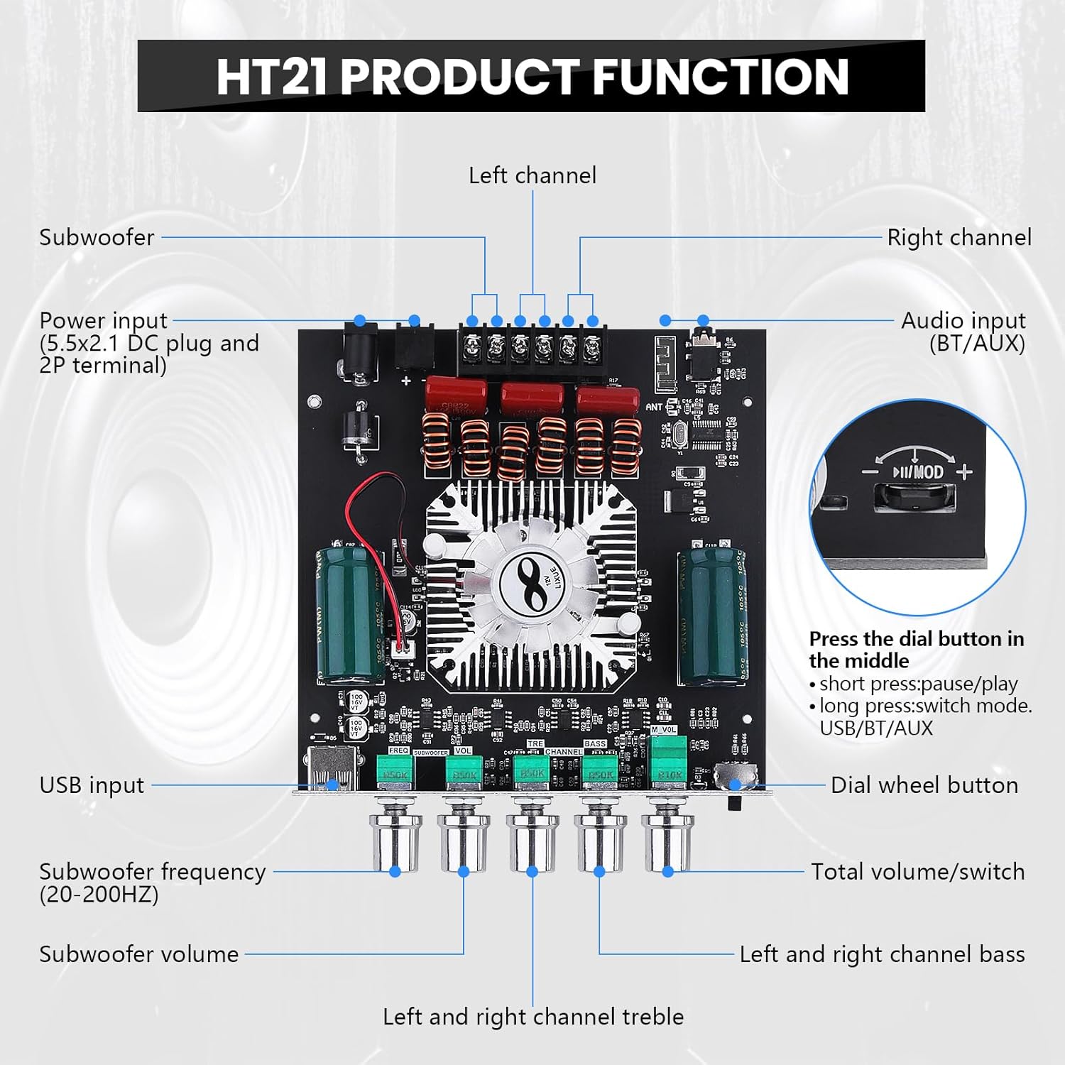 ZK-HT21 Bluetooth Amplifier Board 160W×2+220W Subwoofer 2.1 Channel Audio Amplifier Bluetooth Module with Treble and Bass Control,AUX/Bluetooth/USB Inputs for Passive Speakers