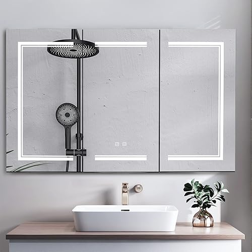 Karl home Botiquín de baño de 3 puertas de 48 x 28 pulgadas con espejo LED armario de baño regulable montado en la pared de 3 colores con estantes