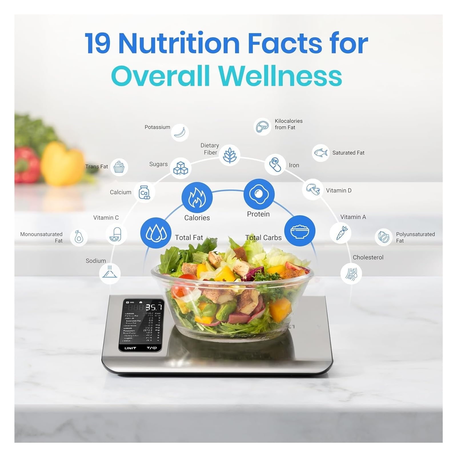 Balanza analítica Digital Báscula Inteligente for Alimentos de 11 LB, rastreador calorías y macros con aplicación