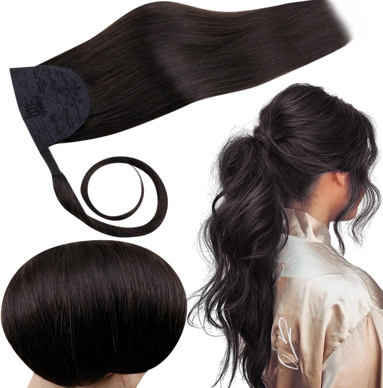 RUNATURE Black Ponytail Extension Real Human Hair 12 Inch Off Black Short Ponytail Hair Extensions Human Hair Ponytail Straight Remy Pony Tails Extensions Human Hair 70g