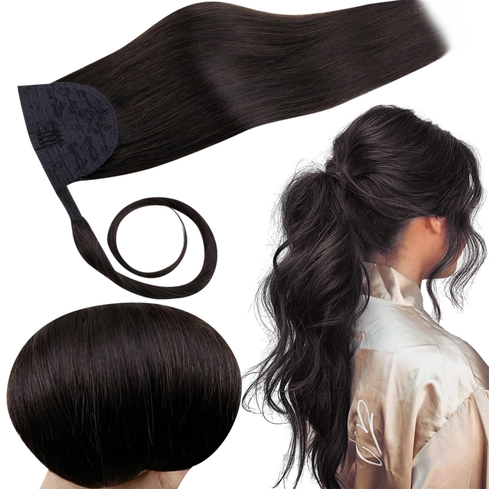 RUNATURE Black Ponytail Extension Real Human Hair 12 Inch Off Black Short Ponytail Hair Extensions Human Hair Ponytail Straight Remy Pony Tails Extensions Human Hair 70g