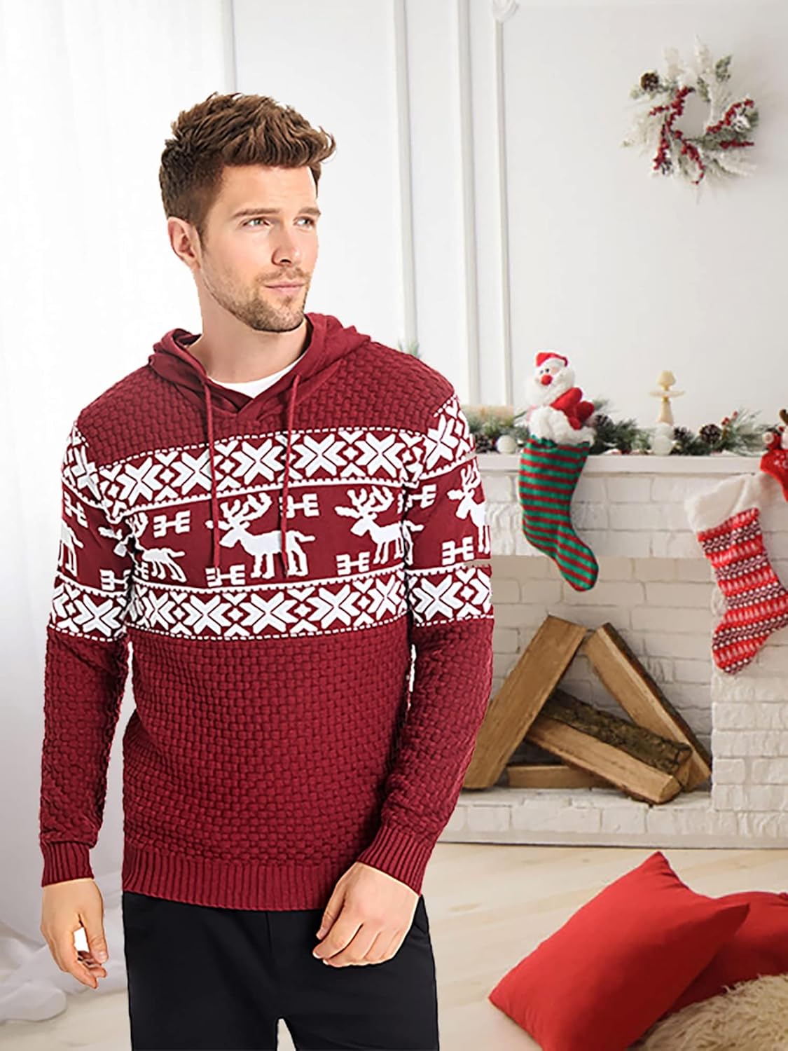 Zaitun Mens Hooded Sweatshirt Long Sleeve Solid Knitted Hoodie Pullover Sweater