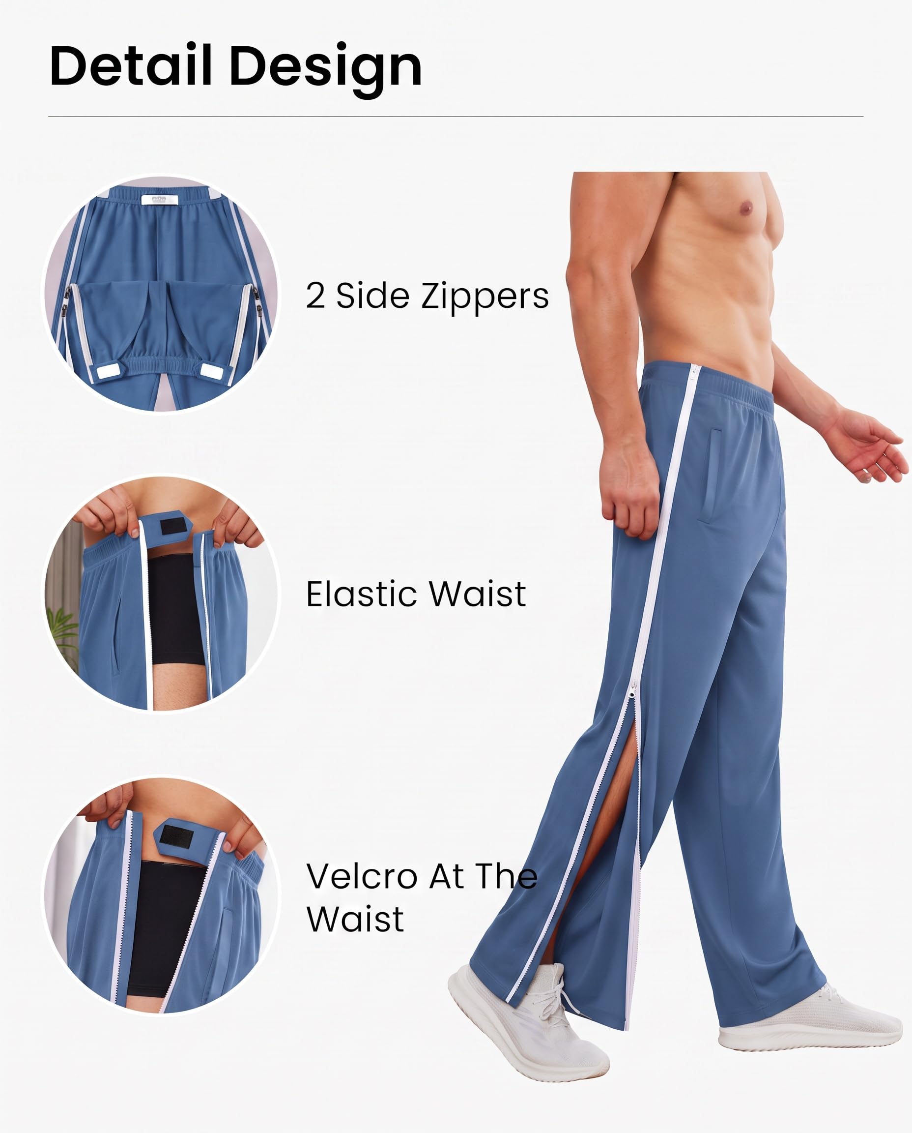 Deyeek Mens Tear Away Basketball Pants Side Zippers Snap Full Open Bottom Breakaway Sweatpants with Zipper Legs Post Surgery Pant Blue Gray