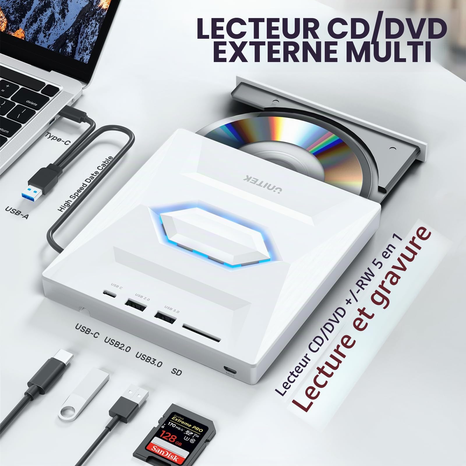 UNITEK Lecteur CD/DVD Externe USB C Lecteur DVD Portable avec emplacements pour Carte SD 3 Ports USB Graveur CD ROM Lecteur de Disque Externe Optique Compatible avec Ordinateur Portable de Bureau Mac
