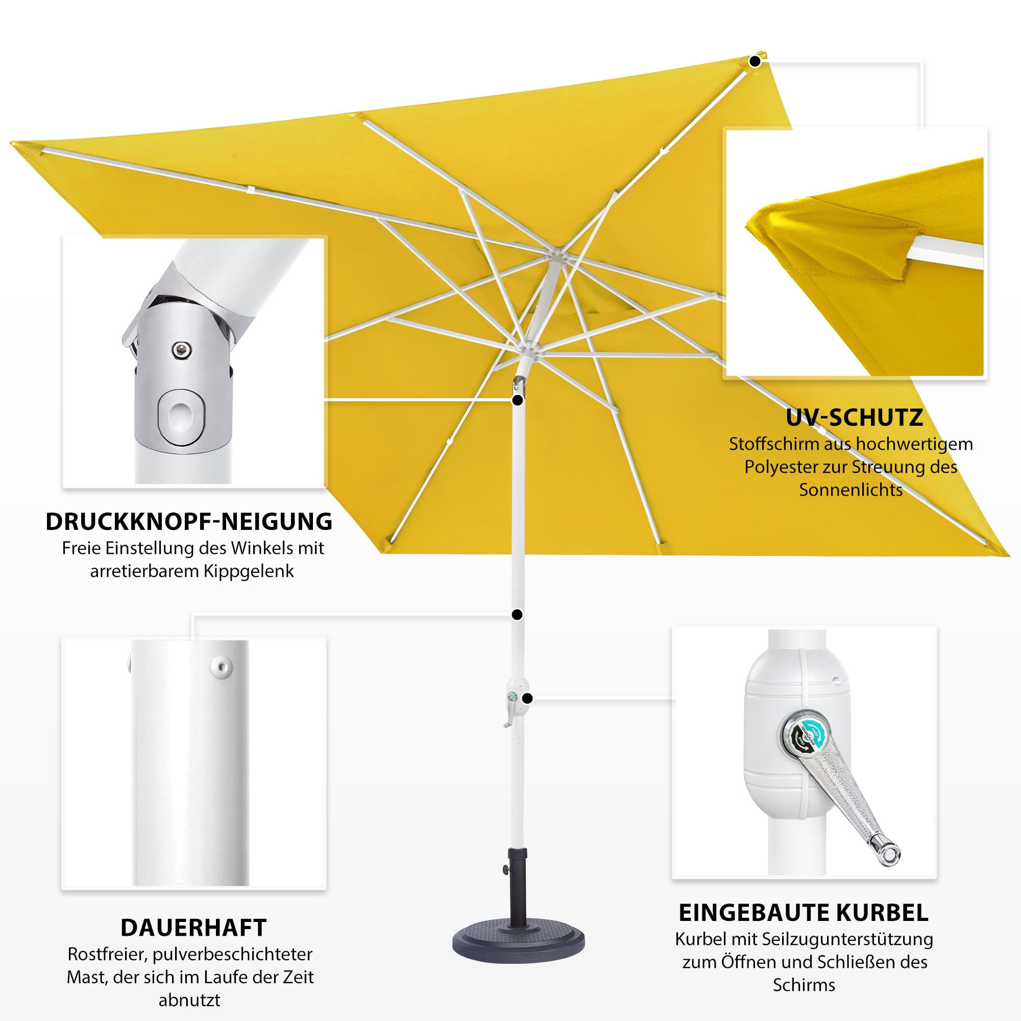 paramondo interpara Ombrellone da Giardino Inclinabile con Manovella, 3 x 3 m Quadrato Giallo, Telaio Bianco