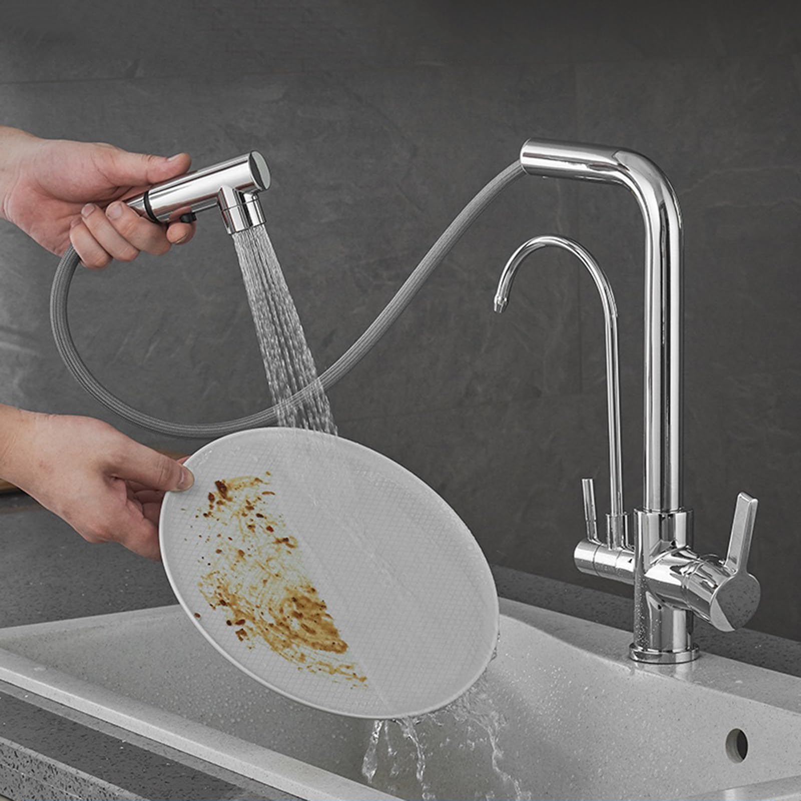 Chromowana 3-drożna bateria kuchenna z wyciąganą głowicą prysznicową i podwójnym trybem filtra wody - łatwa instalacja, elegancki design zapewniający czystą wodę pitną - ulepsz swoją kuchnię