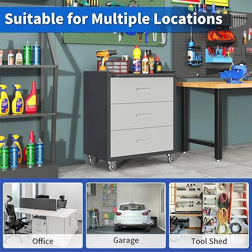 Miniatura 7 de Gabinete de almacenamiento de herramientas móvil de 3 cajones, caja de herramientas rodante resistente para organización de garaje, gabinetes de