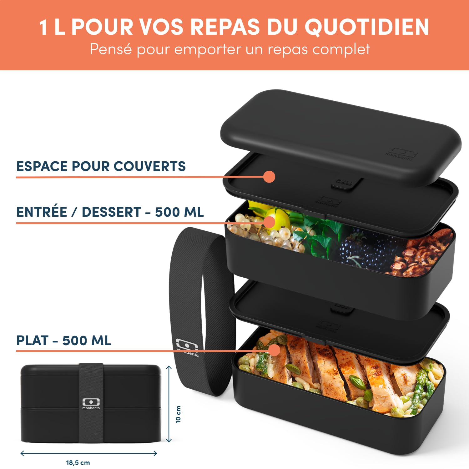 monbento - Bento box MB Original Onyx - Boîte Repas à Compartiments - Lunch box Hermétique 2 étages - Idéal pour Travail/Ecole - Sans BPA - Durable et Sûr - Made In France - Noir
