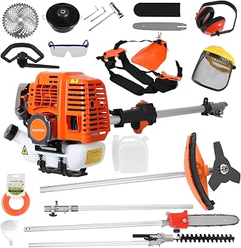 5 في 1 جزازة العشب ، 52CC 2-Stroke Gas Weed Trimmer ، Cordless Hedge Trimmer ، Brush Cutter ، Handheld Chainsaw Weed Wacker with 1.2l Fuel Tank، 2.3KW / 8000-9500RPM Orange