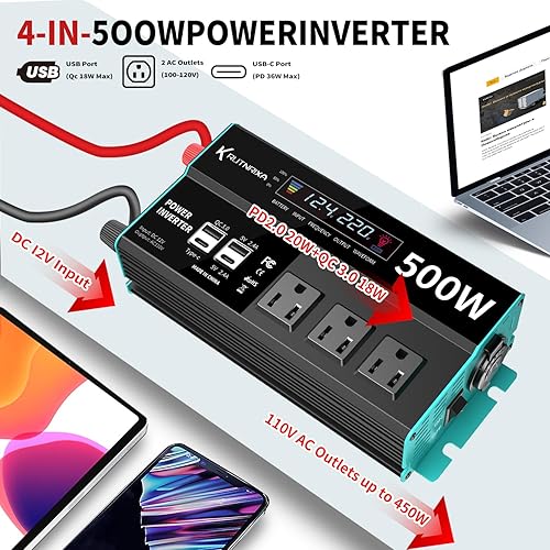 Miniatura 5 de Inversores de corriente 500 W, 12 V CC a 110 V CA, convertidor para vehículos USB-CPD de 25 W, puertos de carga rápida, adaptador de cargador de
