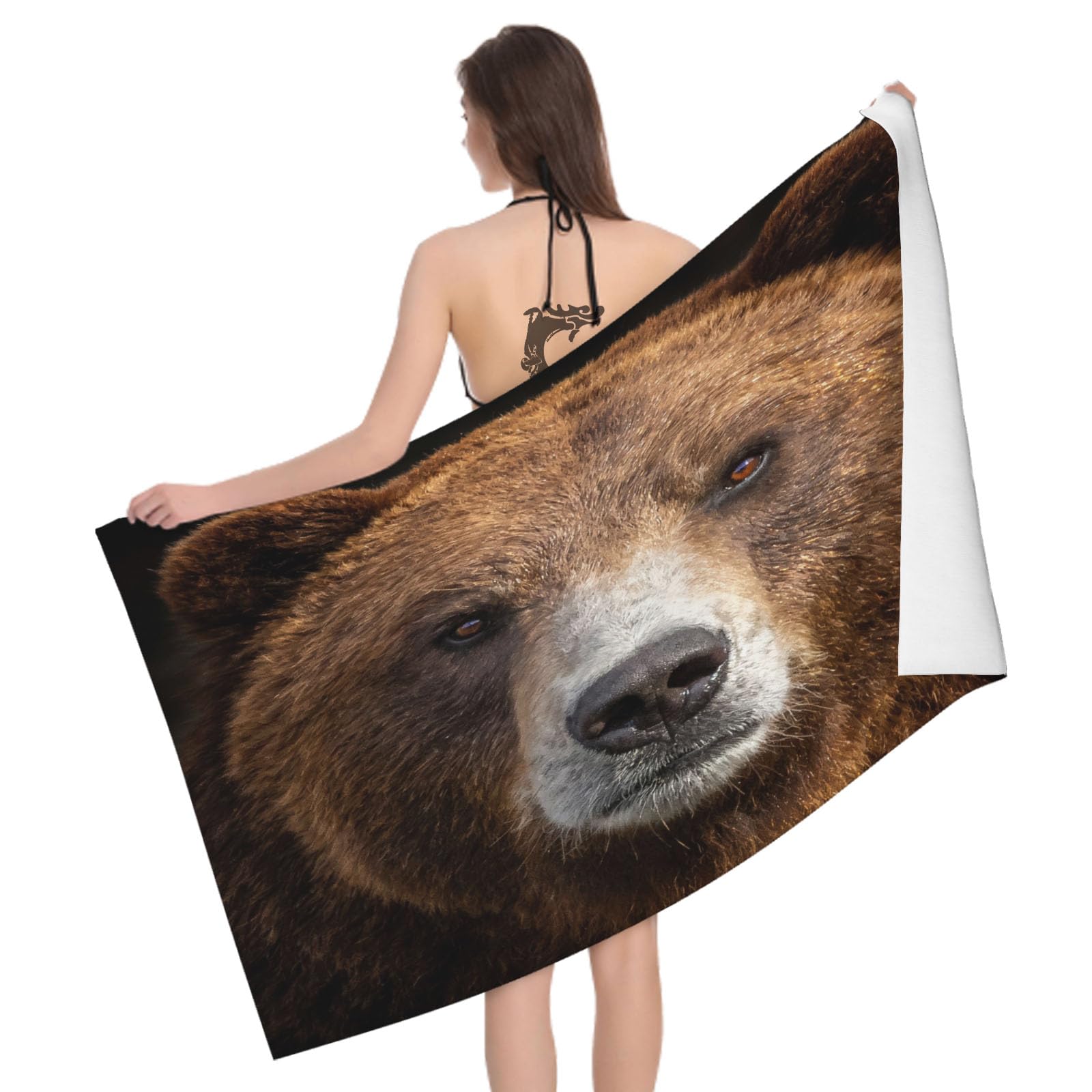 Leichong 3D Brown Bear Beach Towel Microfiber Soft Quick Dry for Adults, Wild Animal Bath Towel Lightweight Soft Absorbent for Travel Swimming Pool Sports, 75 x 150 cm