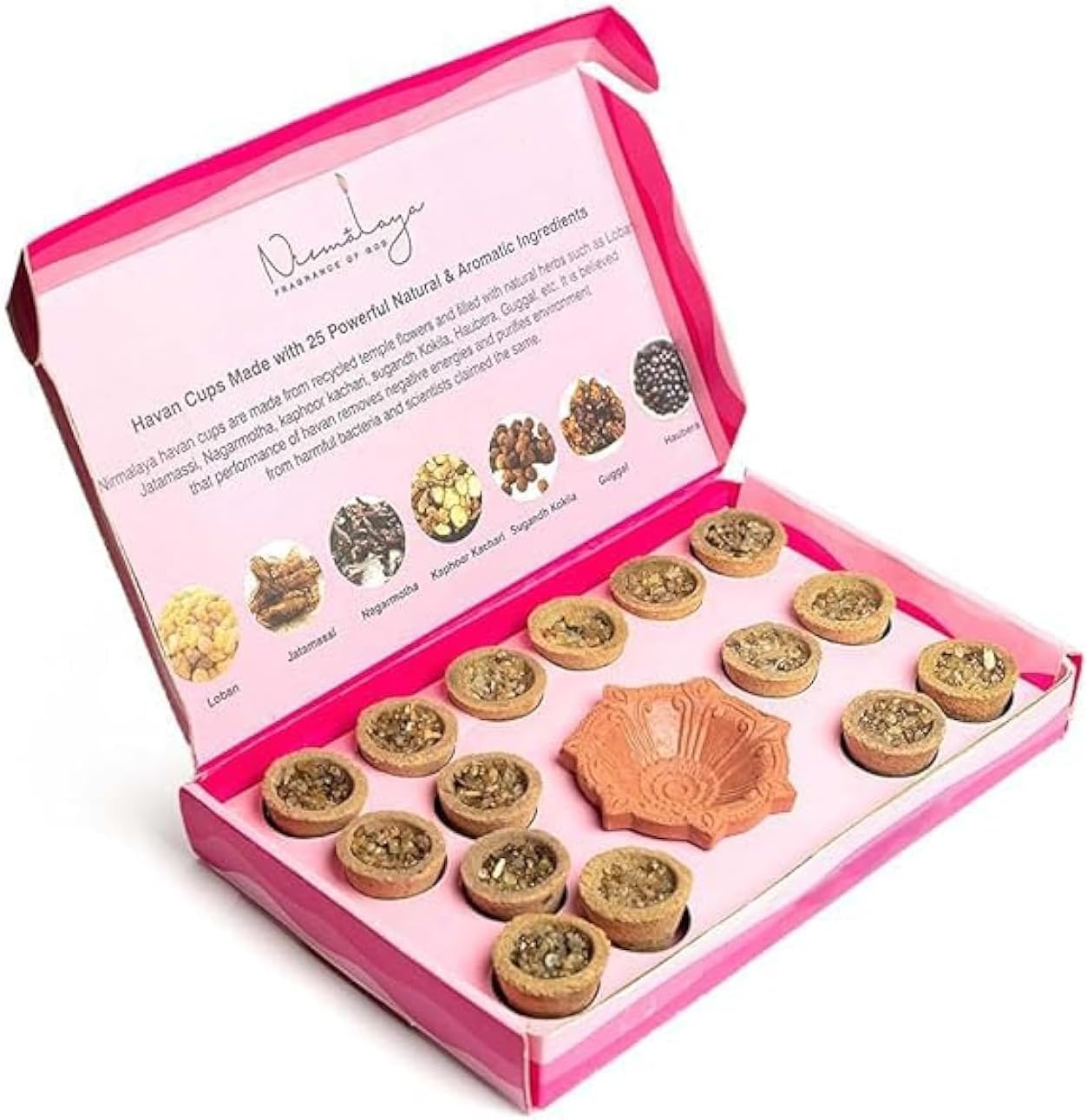 - Nirmalaya Premium Organic Rooh Gulab Havan Cups | Pack of 15 with Diya | Natural Havan Samagri Blend of Flower Powder, Loban & Jatamansi | Ideal for Pooja, Meditation, Yoga and Aromatherapy