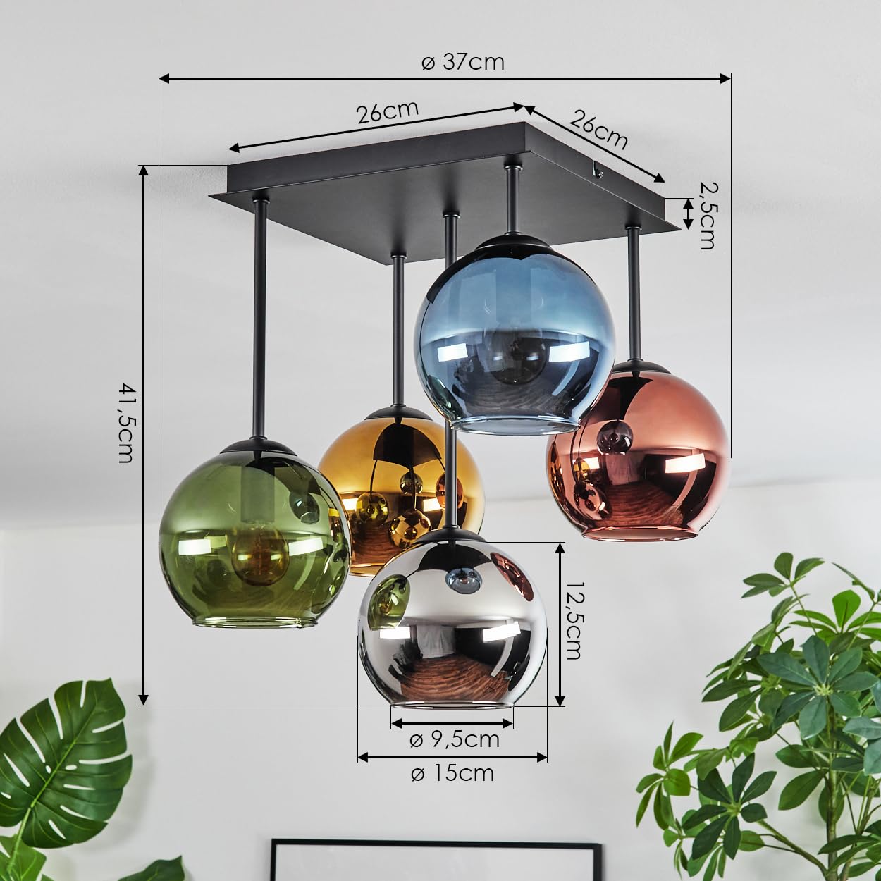 HOFSTEIN Deckenleuchte Koyoto, 5-flammige Deckenlampe aus Metall/Glas in Schwarz/Blau/Grün/Gold/Kupfer/Chrom/Rauch, Leuchte im Retro-Design (Schirme Ø 15 cm), E14, Esszimmer, Wohnzimmer, Schlafzimmer