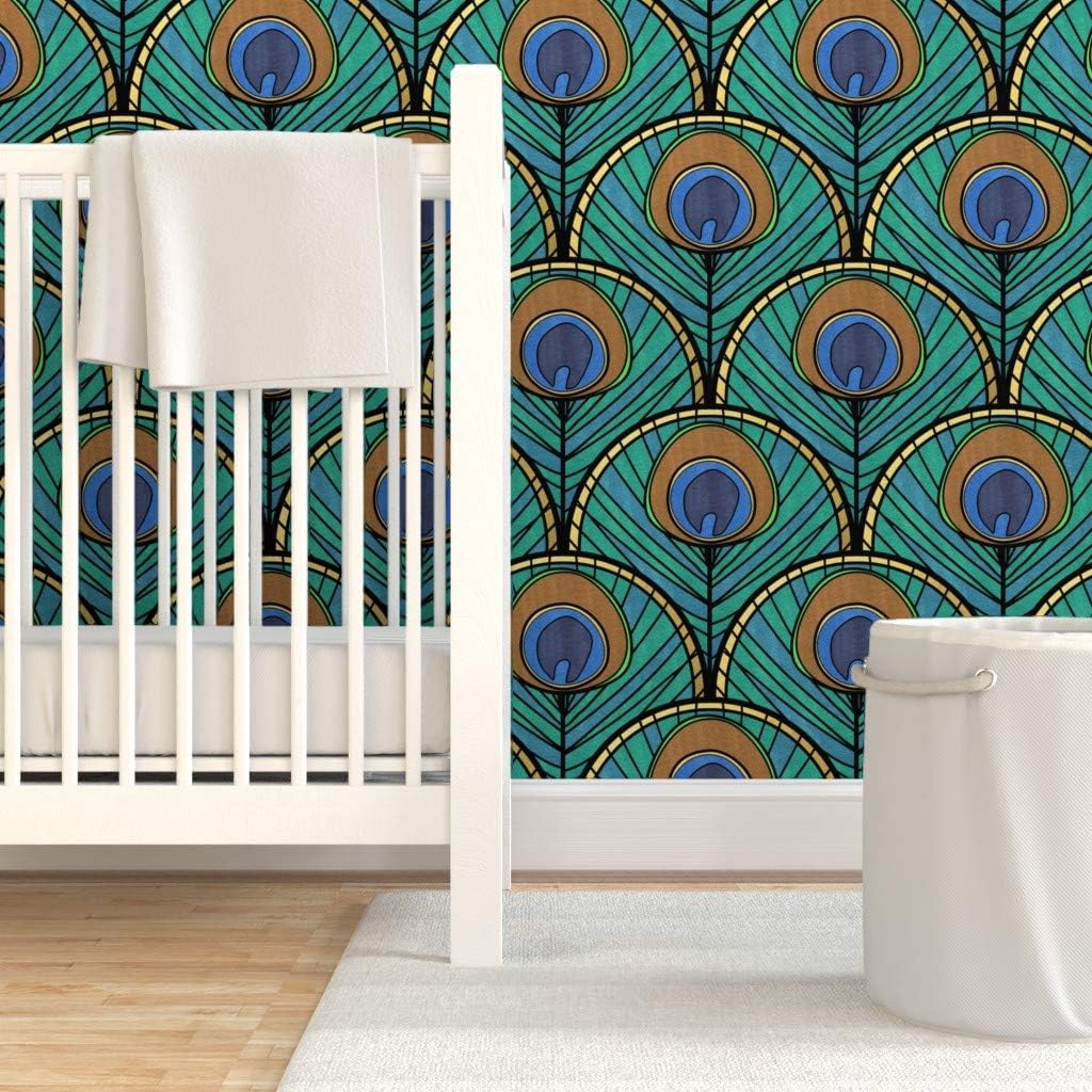 Removable Wallpaper 12ft x 2ft - Peacock Art Deco Fan Pattern Feather Blue Green 1920S Vintage Inspired Gold Animal Print Scallop Custom Pre-Pasted Wallpaper by Spoonflower