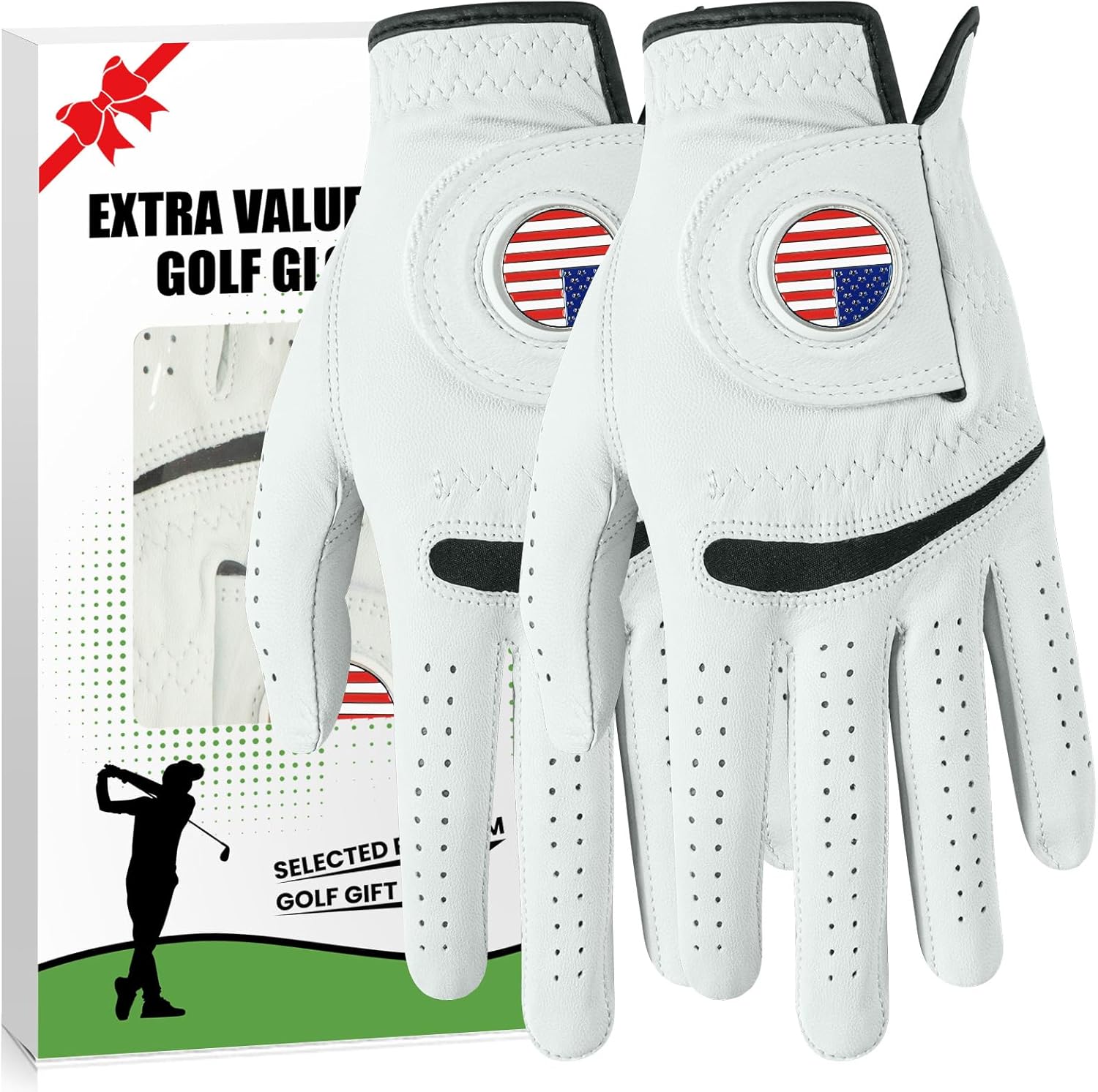 Amy Sport Golf Gloves Men Cabretta Leather with Ball Marker Value 2 Pack, Non Slip All Weather Grip for Left Hand Right Handed Golfer, Premium Mens Golf Glove Breathable