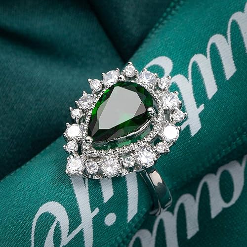 Miniatura 6 de Anillo de cóctel de circonita cúbica de corte esmeralda verde en forma de pera para mujer, anillo de boda nupcial con halo de diamante de imitación