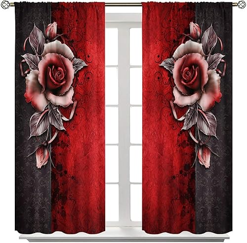 Cortinas de rosas rojas, con estampado romántico de rosas de San Valentín, color rojo burdeos y negro, para mujeres y niñas, decoración del hogar, 2