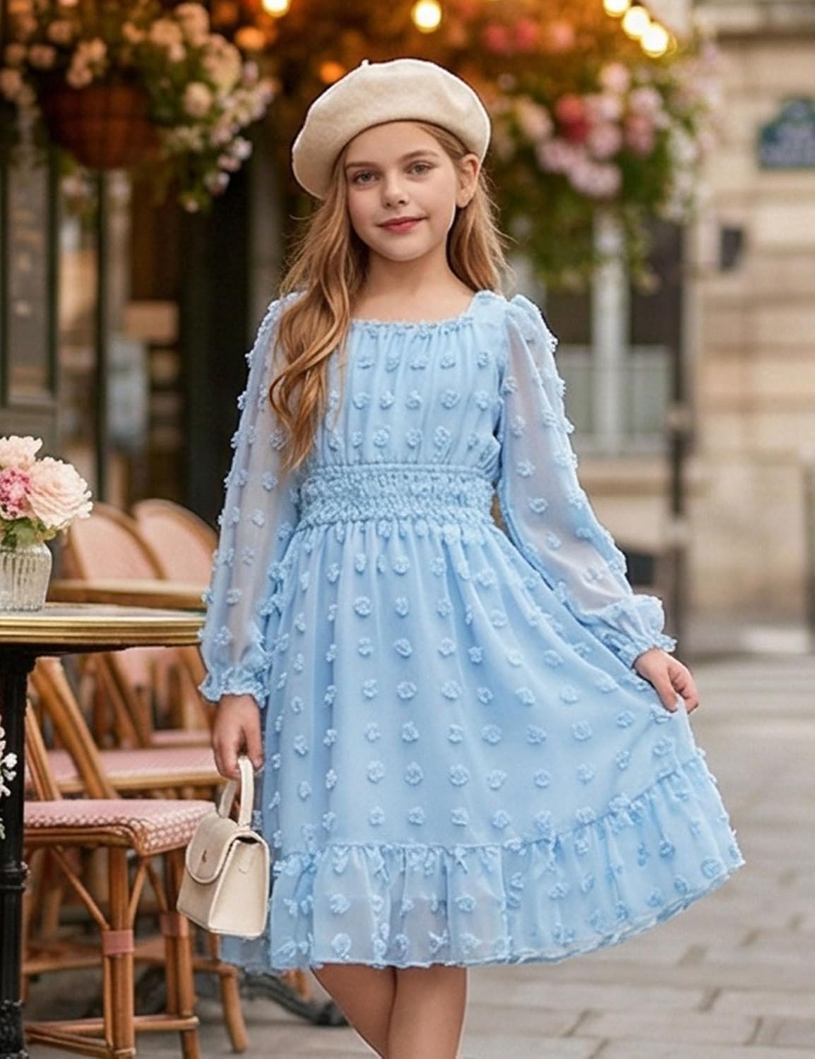 Arshiner Girls Dresses Long Sleeve Square Neck Swiss Dot Flowy Casual Party Dress - Image 2