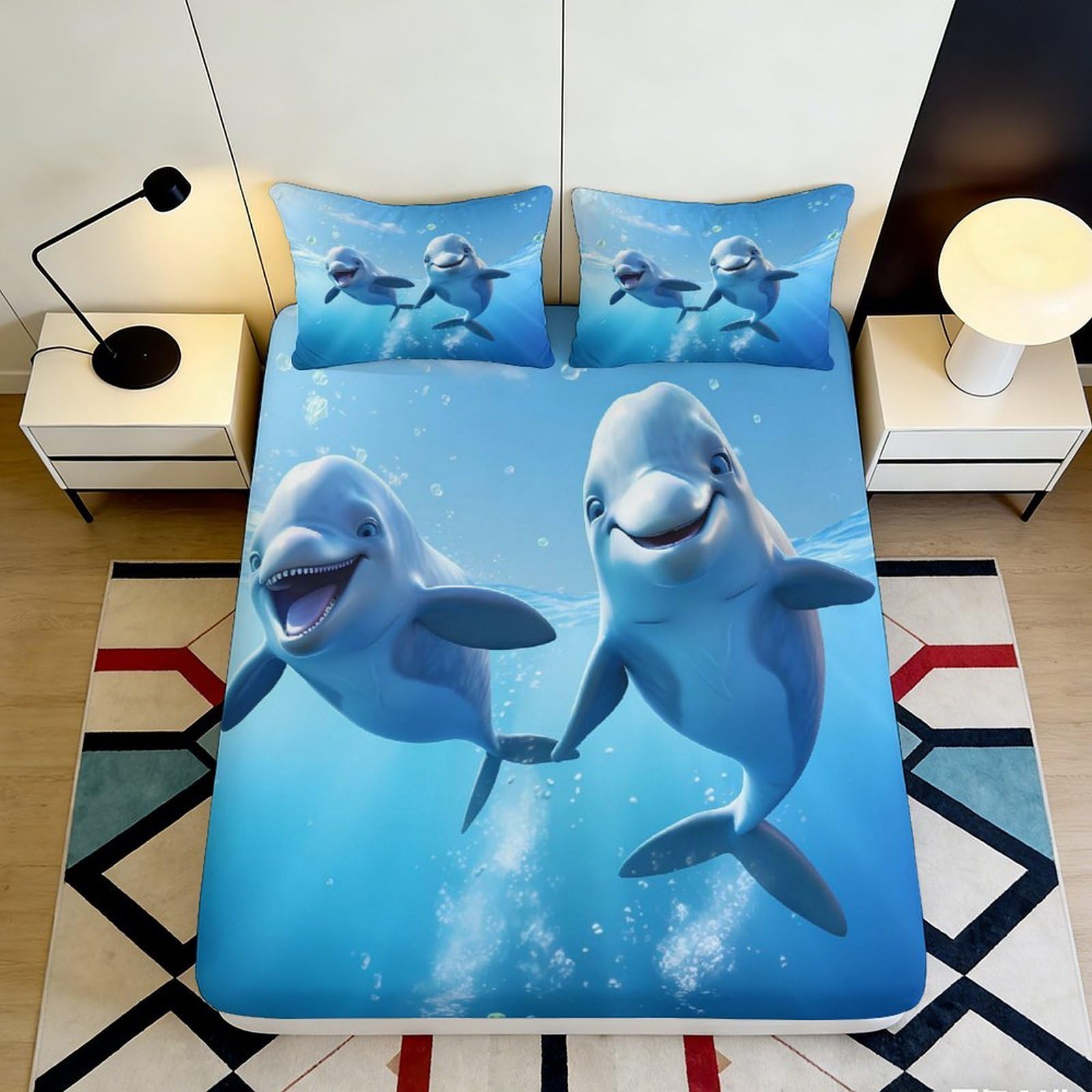 3D Printed Blue Dolphin Ocean Fitted Sheet Microfiber Anti-Slip Mattress Cover for Bedroom Guest Room Easy Care 200x200x25cm