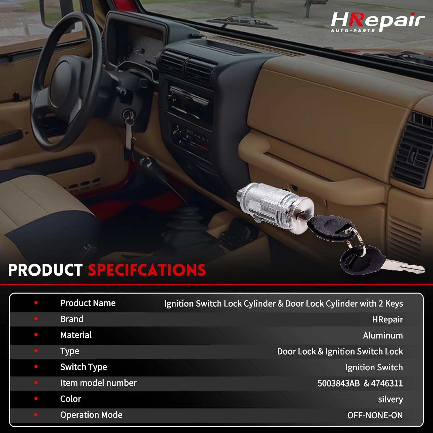 Ignition Switch Lock Cylinder & Door Lock Cylinder fits for Jeep Wrangler TJ 1998 1999 2000 2001 Replaces#5003843AB 4746311 703719 - with 2 Keys