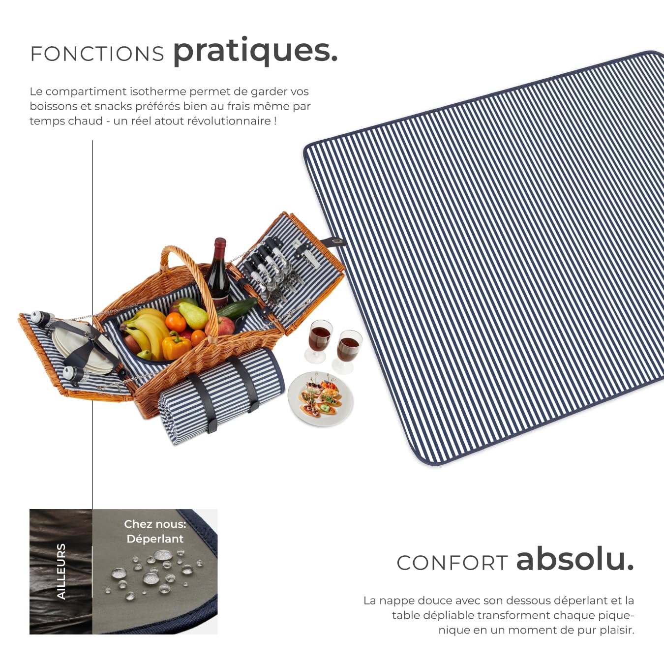 tectake® Panier en osier avec couvercle pique nique Set complet 4 pers. avec Nappe Assiettes Couverts Tire bouchon Verres à vin incassables Sac isotherme salière et poivrière pour Jardin camping plage