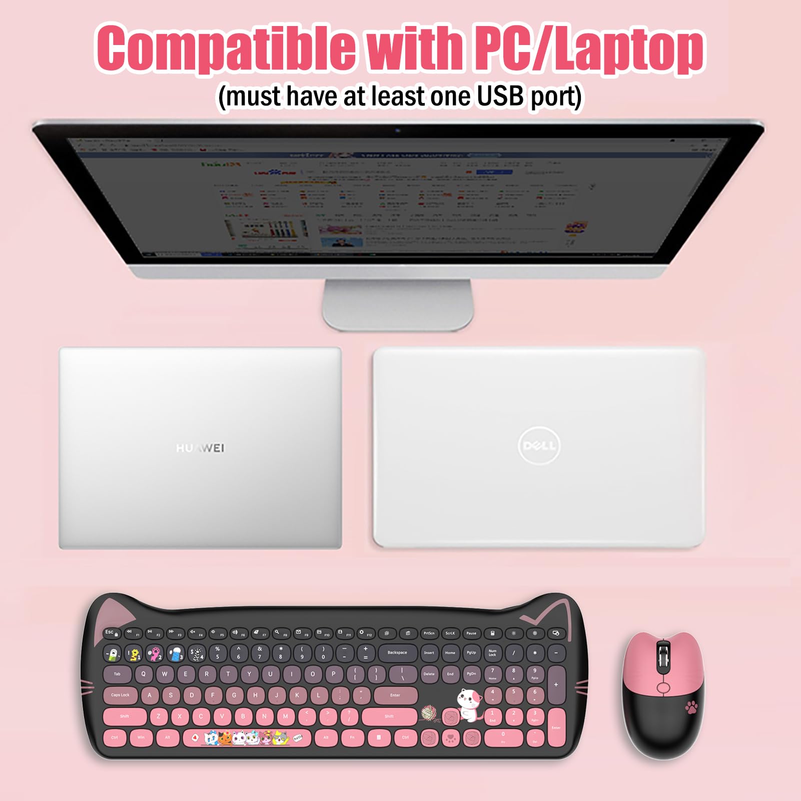 Cute Cat Ensemble clavier et souris USB sans fil 2,4 G, touches silencieuses, couleurs bonbon, compatible avec ordinateur portable, PC (noir-rose-110 touches)