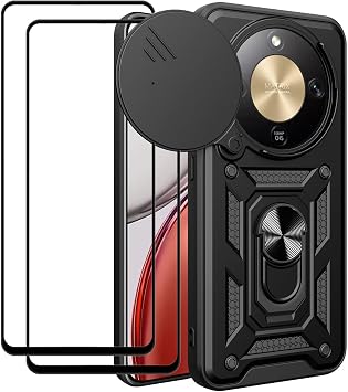 for Honor X9d 5G Case with Slide Camera Cover and Stand Kickstand Ring with Tempered Glass Screen Protector [2 pieces],Military Grade Shockproof Protective Cover, Black