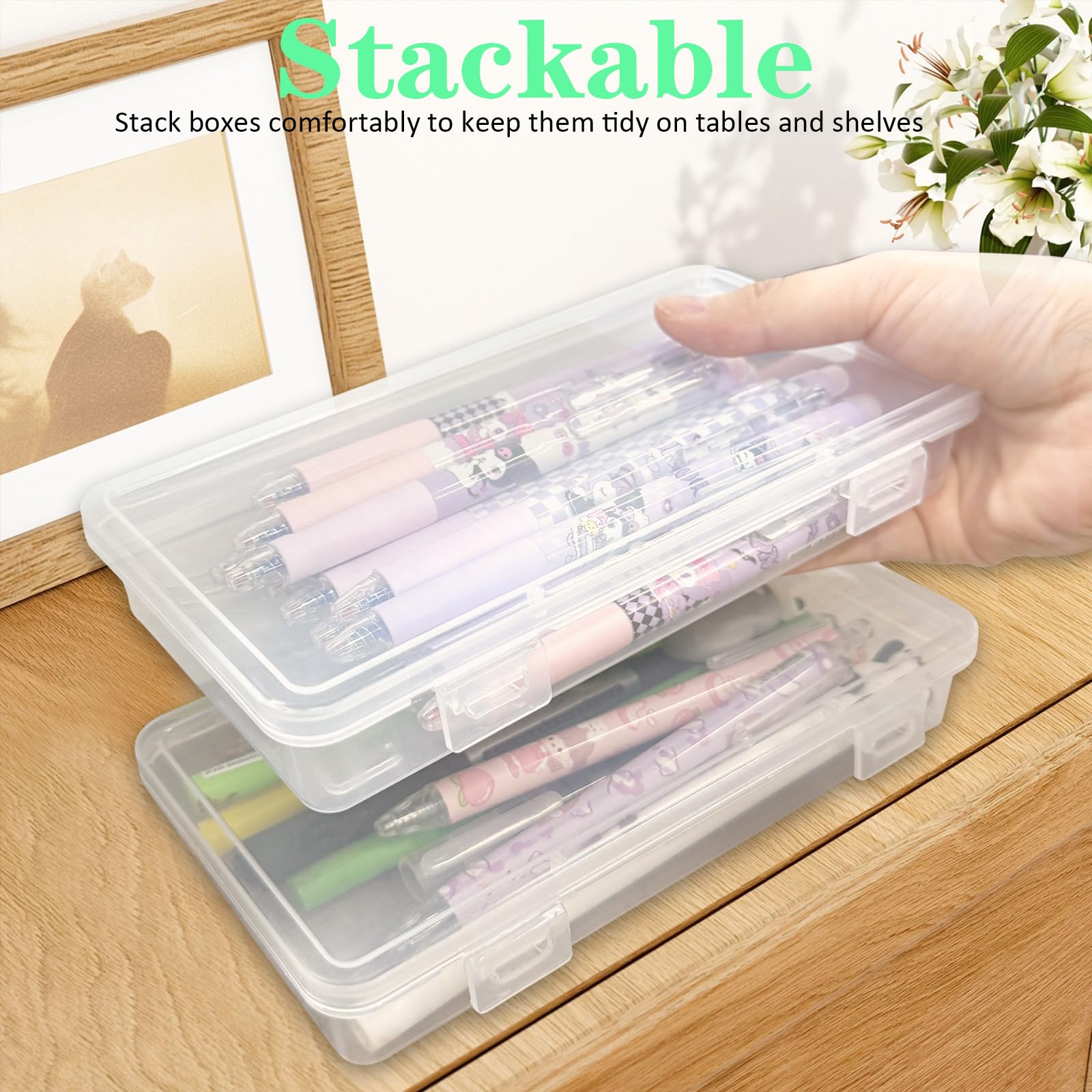 Rangement Crayon 6 pièces, Boite Rangement Stylo Transparentes, avec Couvercle Imperméable, Boîtes à Crayons Plastique, Pour papeterie, Crayons Aquarelle, Pinceaux et Outils de Dessi