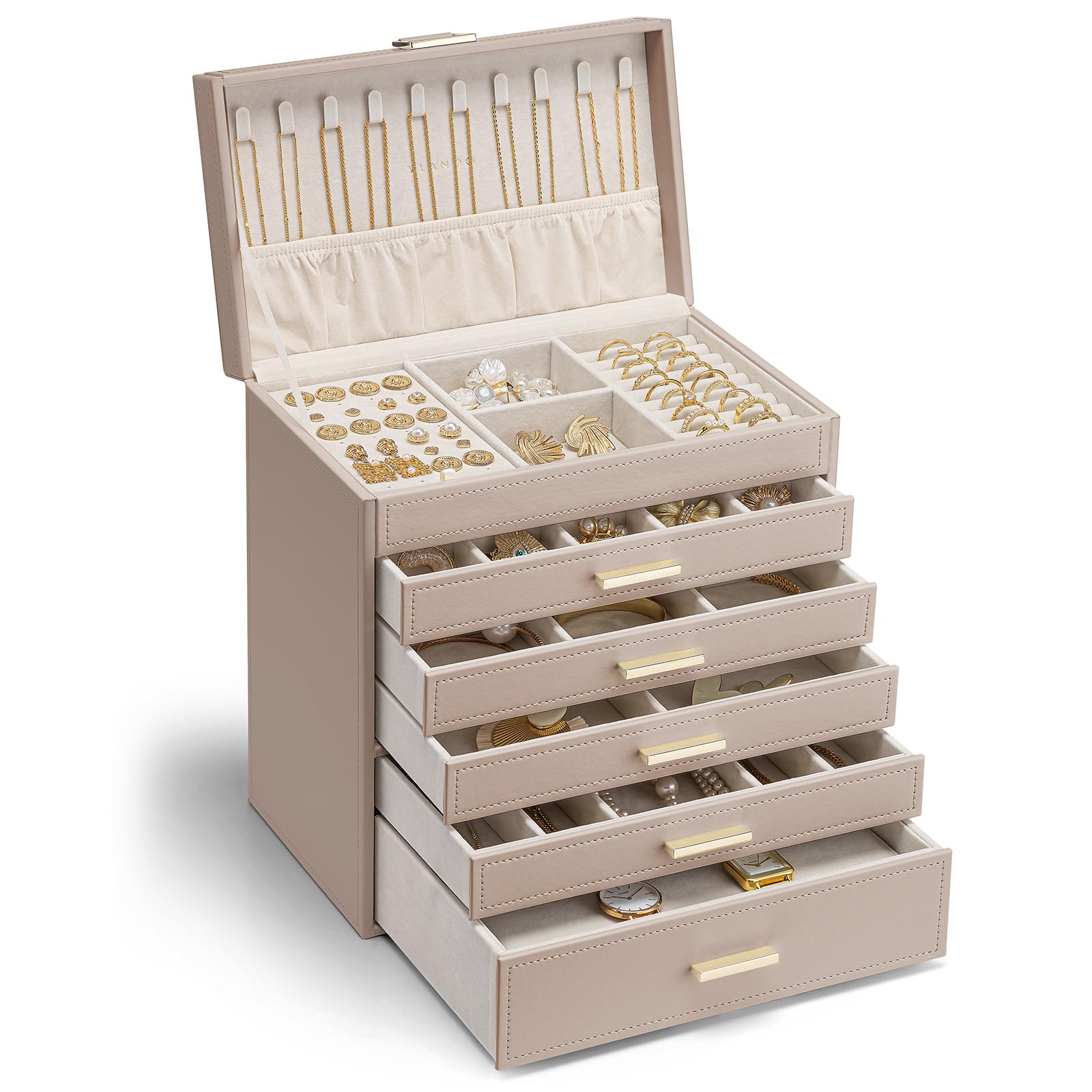 VLANDO Modern Schmuckkästchen Groß,Schmuckaufbewahrung mit 6 Ebenen,Schmuckschatulle Damen, für Ohrringe, Ringe Schmuck Aufbewahrung, mit Schubladen, Spiegel, Uhrenkissen, Geschenk für frauen