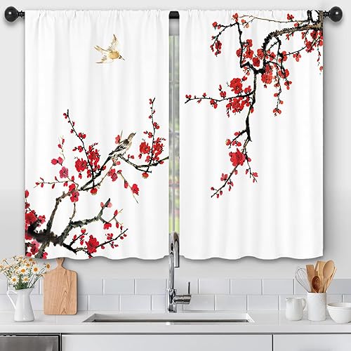 Miniatura 6 de Cortinas de cocina con flores de cerezo rojo, 27.5 pulgadas de ancho x 39 pulgadas de largo, diseño floral, modernas, asiáticas, japonesas, con