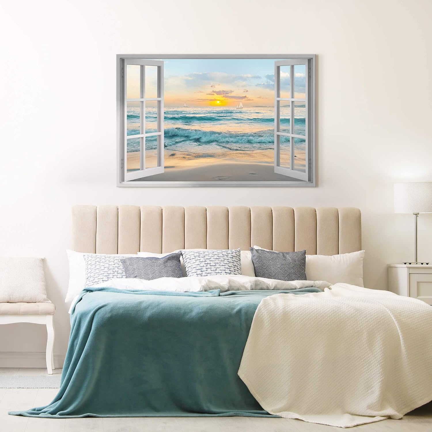Window View Canvas Wall Art: Open Window Beach Coastal Sailboats Picture Large Blue Ocean Waves Artwork Natural Sunset Seascape Prints Modern Sea Scenery Painting for Bedroom Bathroom Home Office