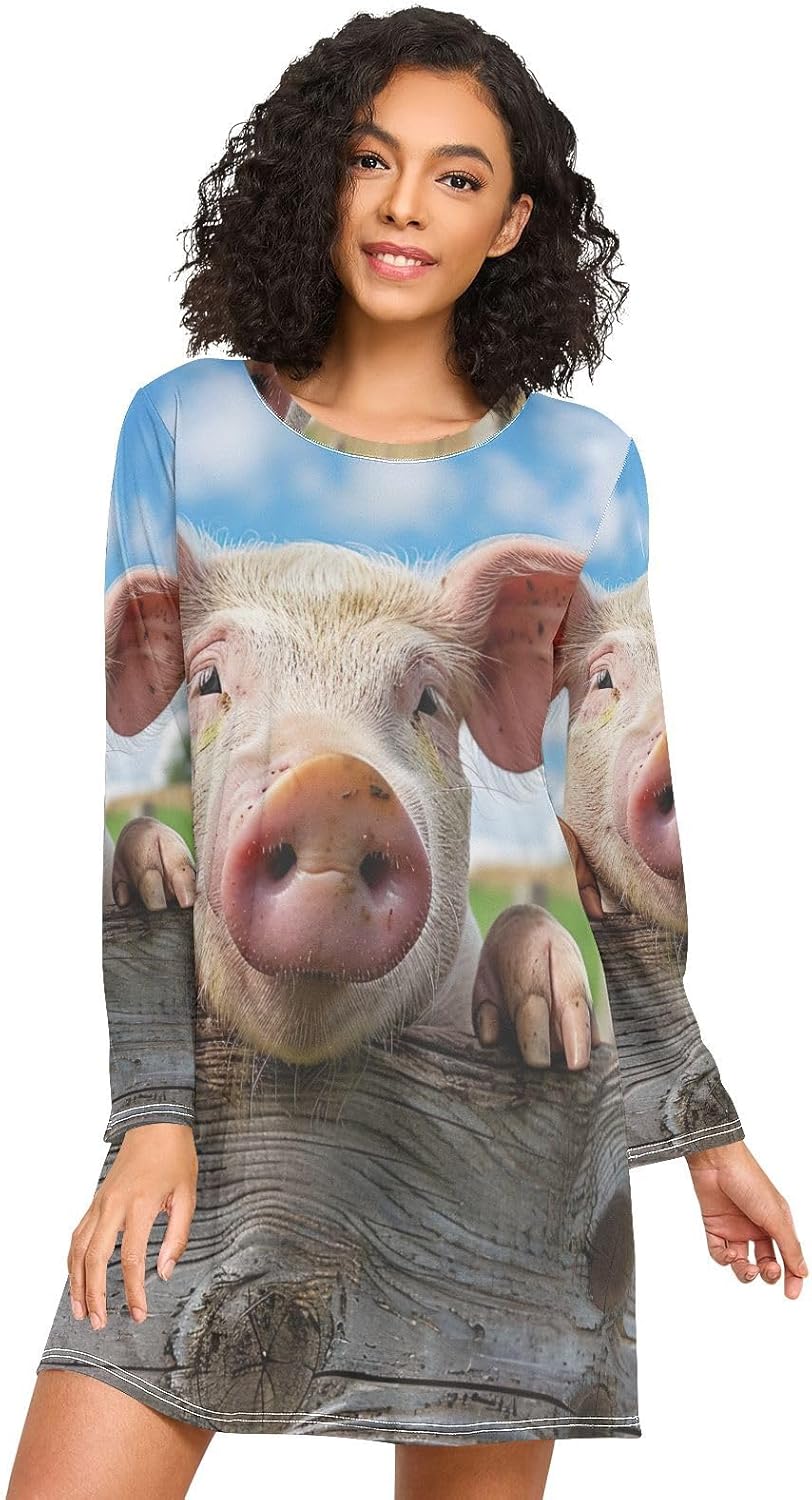 Funny Pig Long Sleeve Womens Sleepshirt, Cozy Crewneck Sleep Dress, Soft Womens Nightgown